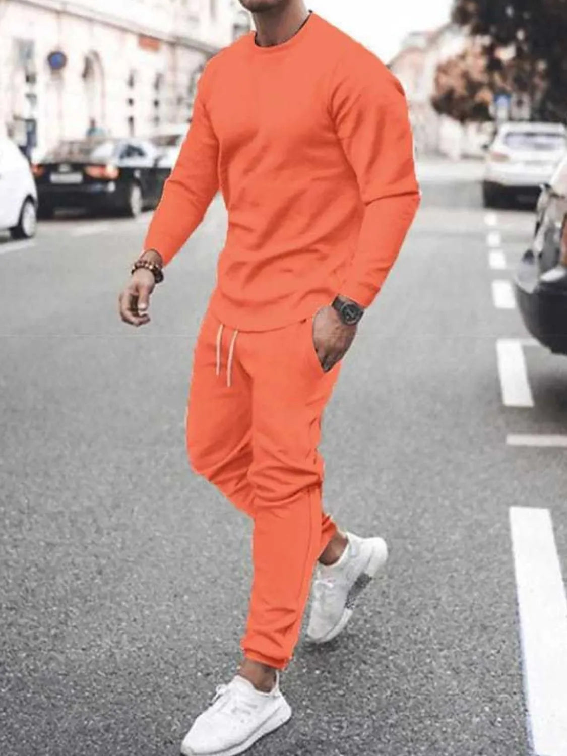 Men's Full Size Round Neck Long Sleeve Top and Pants Set Plus Size