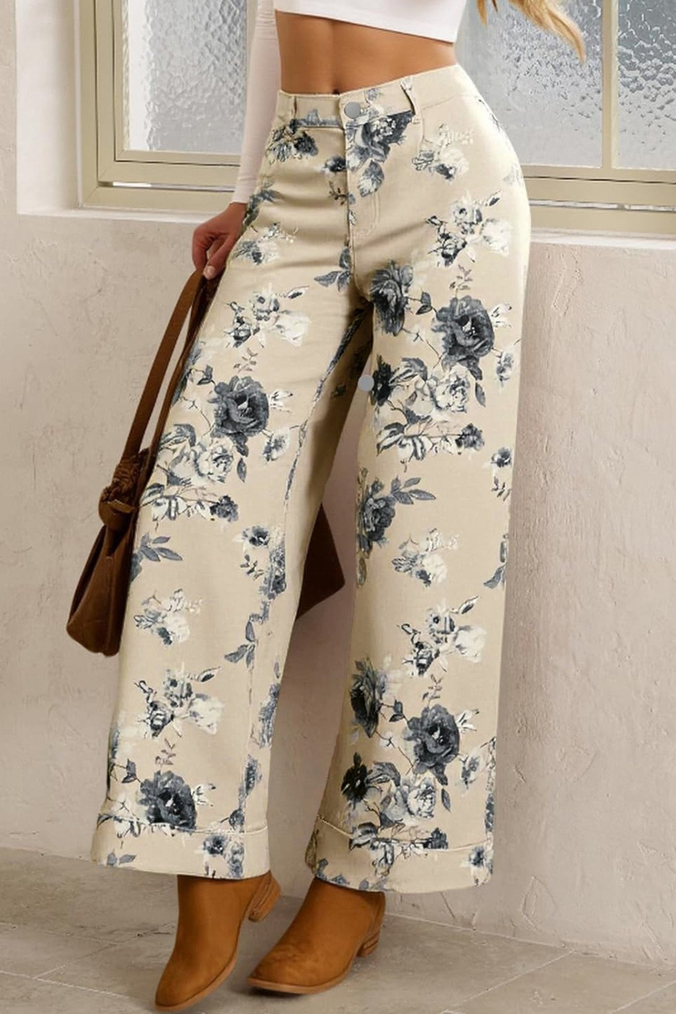 Beige Retro Floral Print Turn - up Cuffed Hem Loose Jeans - Loving It Shop