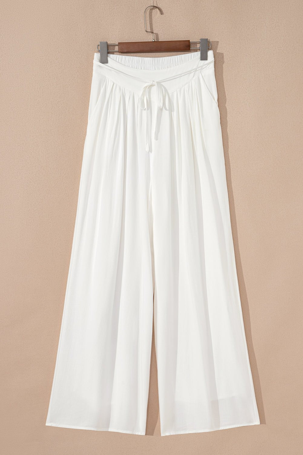 White Solid Drop Waist Pleated Wide Leg Casual Pants - Loving It Shop