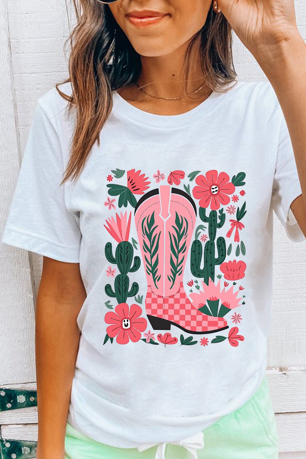 White Western Boots Flower Print Round Neck T Shirt - Loving It Shop