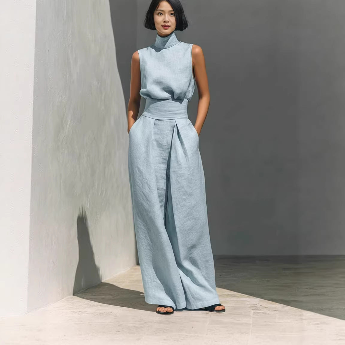 Casual Sleeveless Suit Summer Stand-up Collar Pullover Top And Loose Straight-leg Trousers Women&