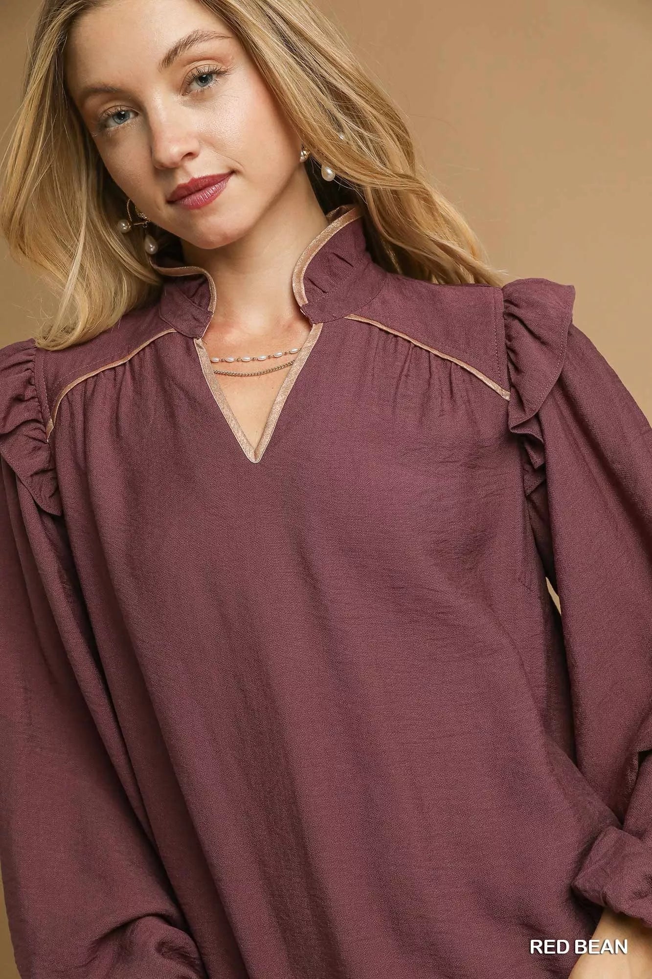 Ruffle Shoulder Long Sleeve Blouse
