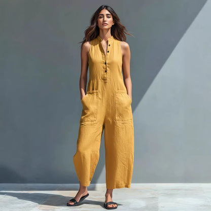 Summer Sleeveless Jumpsuit With Pockets Fashion Casual V-Neck Buttons Trousers Women&