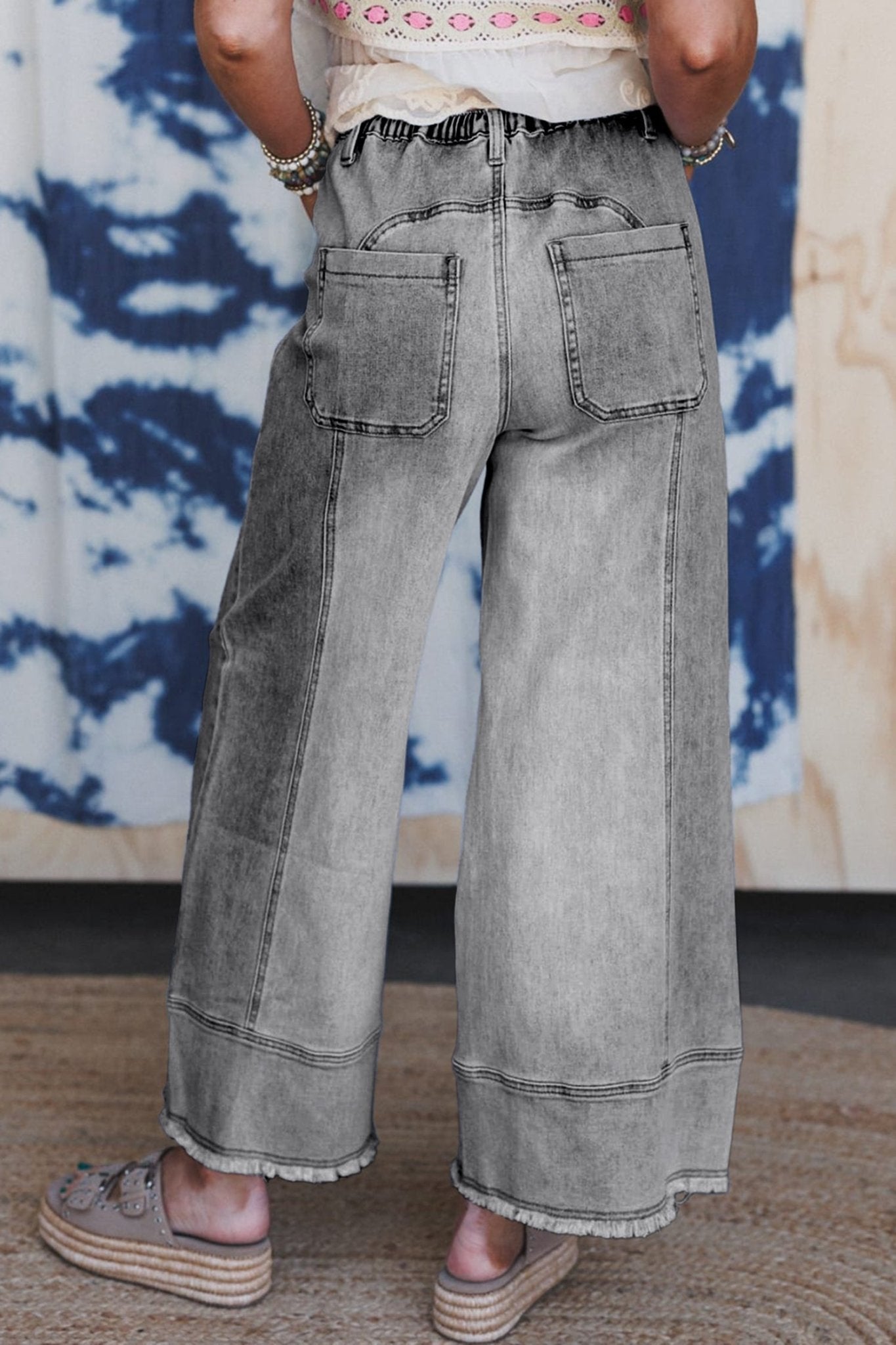 Gray Drawstring Seam Detail Raw Hem Wide Leg Denim Pants - Loving It Shop