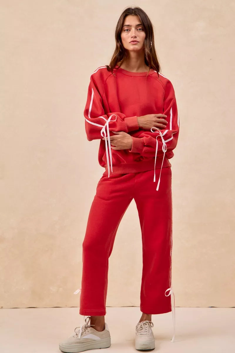 Side Lined Bow Details Fleece Sweatpants