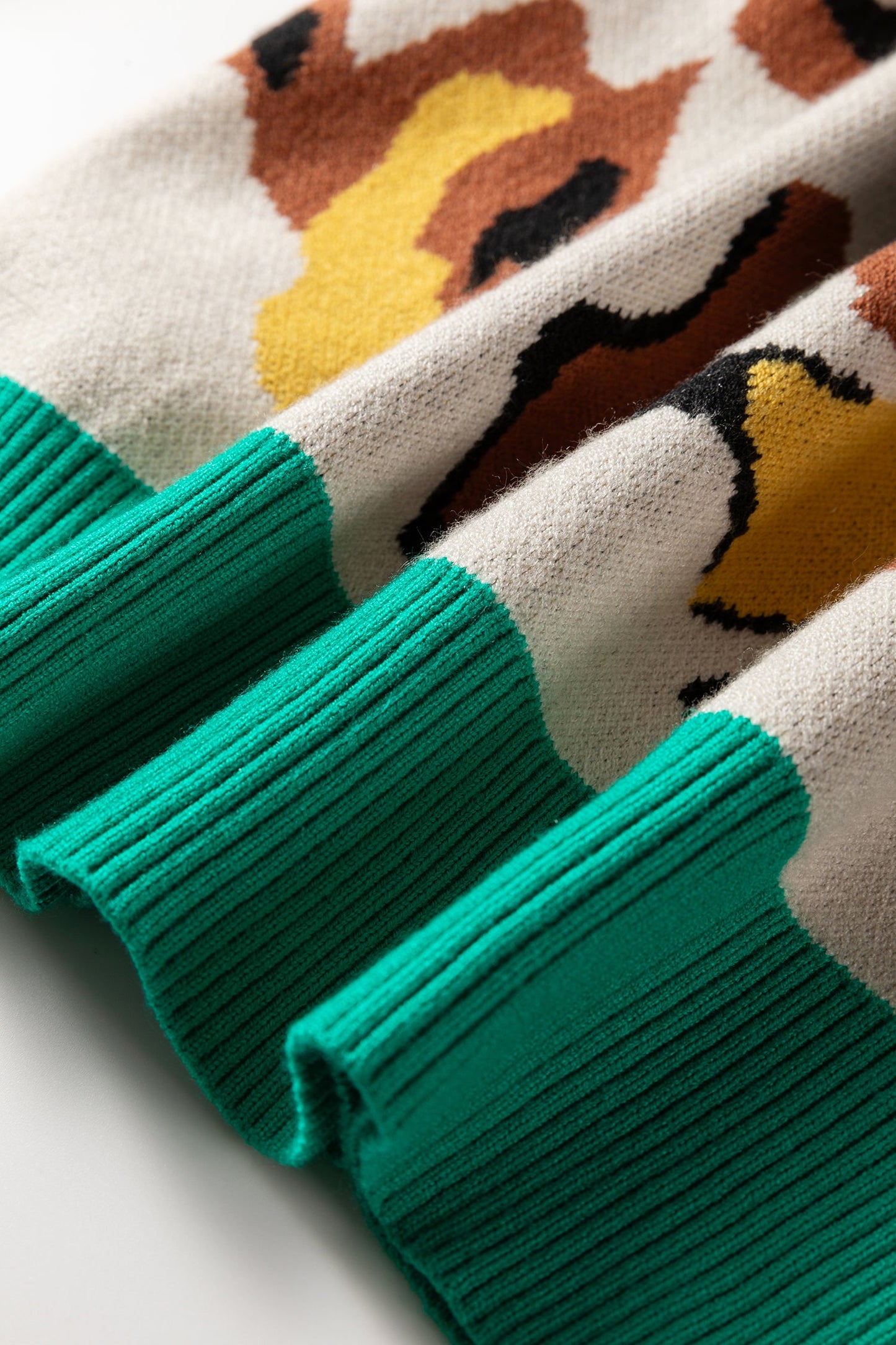Apricot Contrast Ribbed Stripes Detail Animal Pattern Knit Sweater