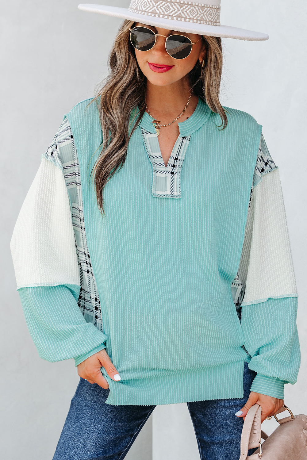 Corded Texture Colorblock Patchwork Split Neck Long Sleeve Top