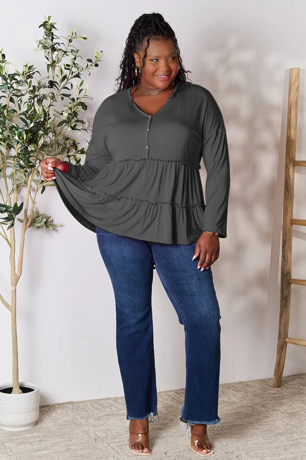 I am a Fashion Junky Take Half Button Long Sleeve Ruffle Hem Blouse