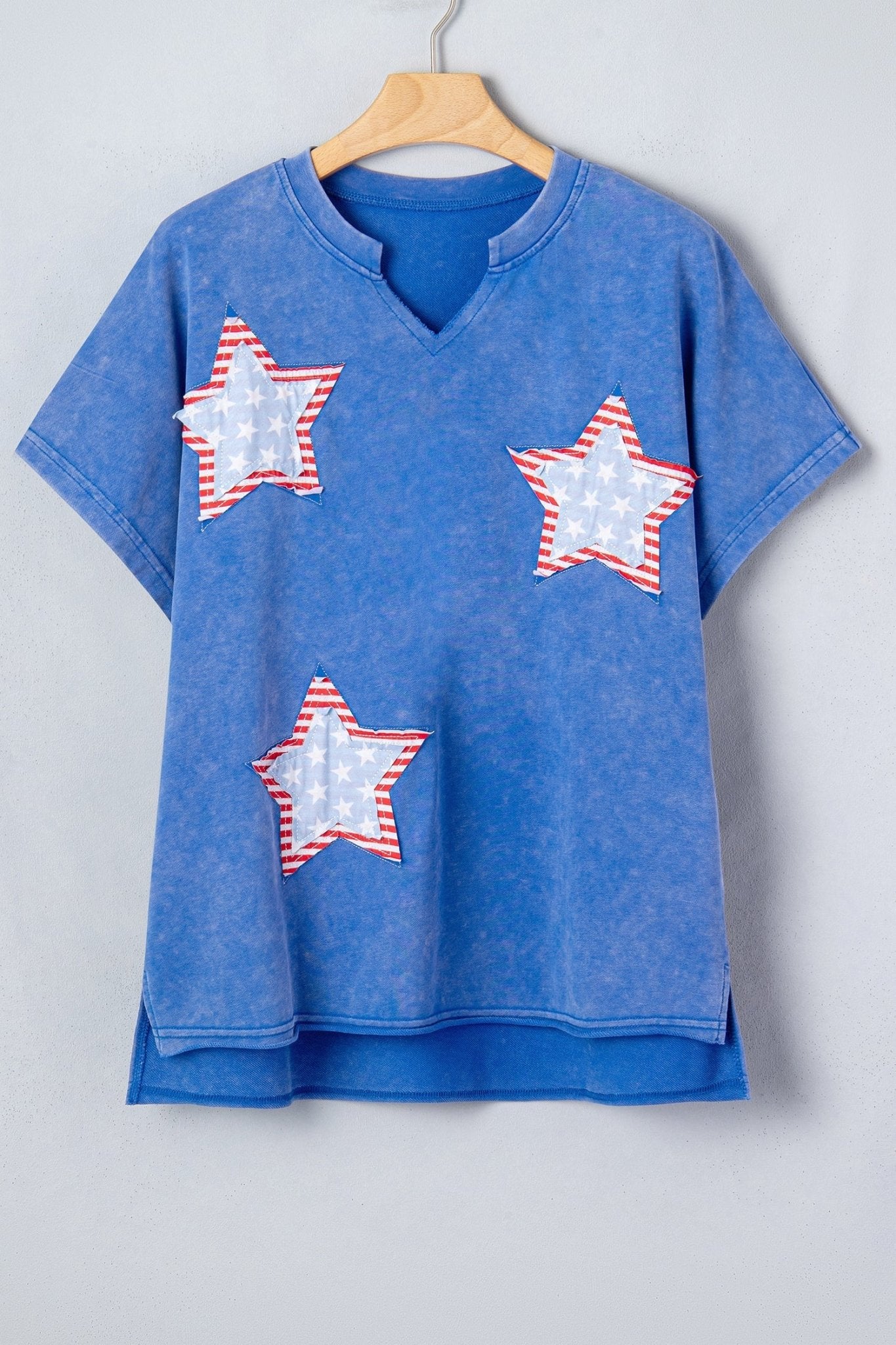 Sky Blue Patriot Star Patched Notched Neck Mineral Washed Tee - Loving It Shop