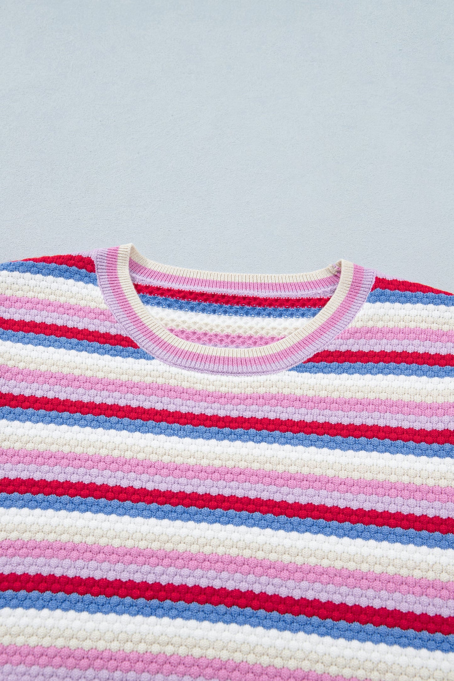 Multicolour Textured Stripes Knit Short Sleeve Sweater
