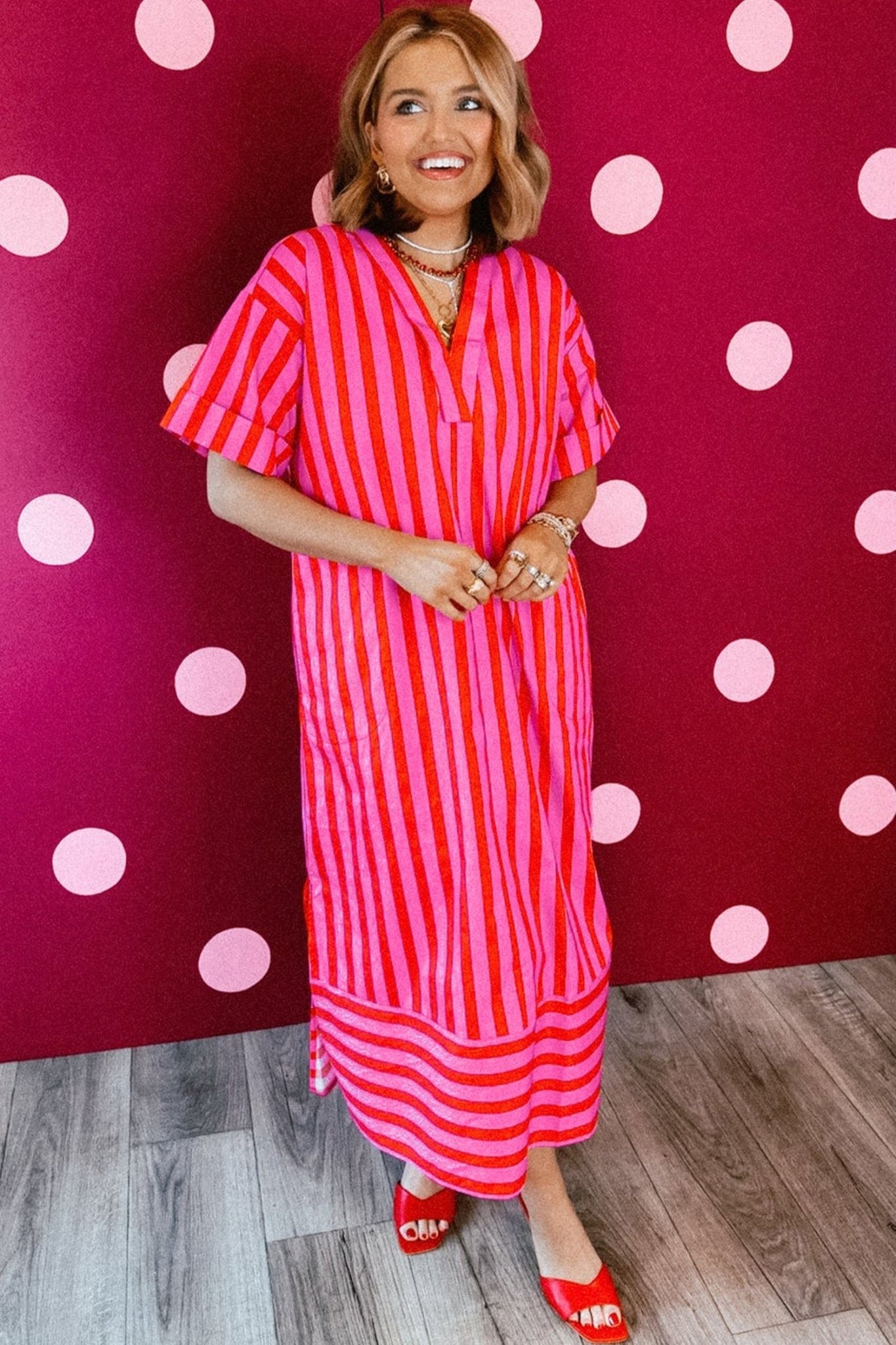 Red Stripe V Neck Cuffed Sleeve Relaxed Split Midi Dress - Loving It Shop
