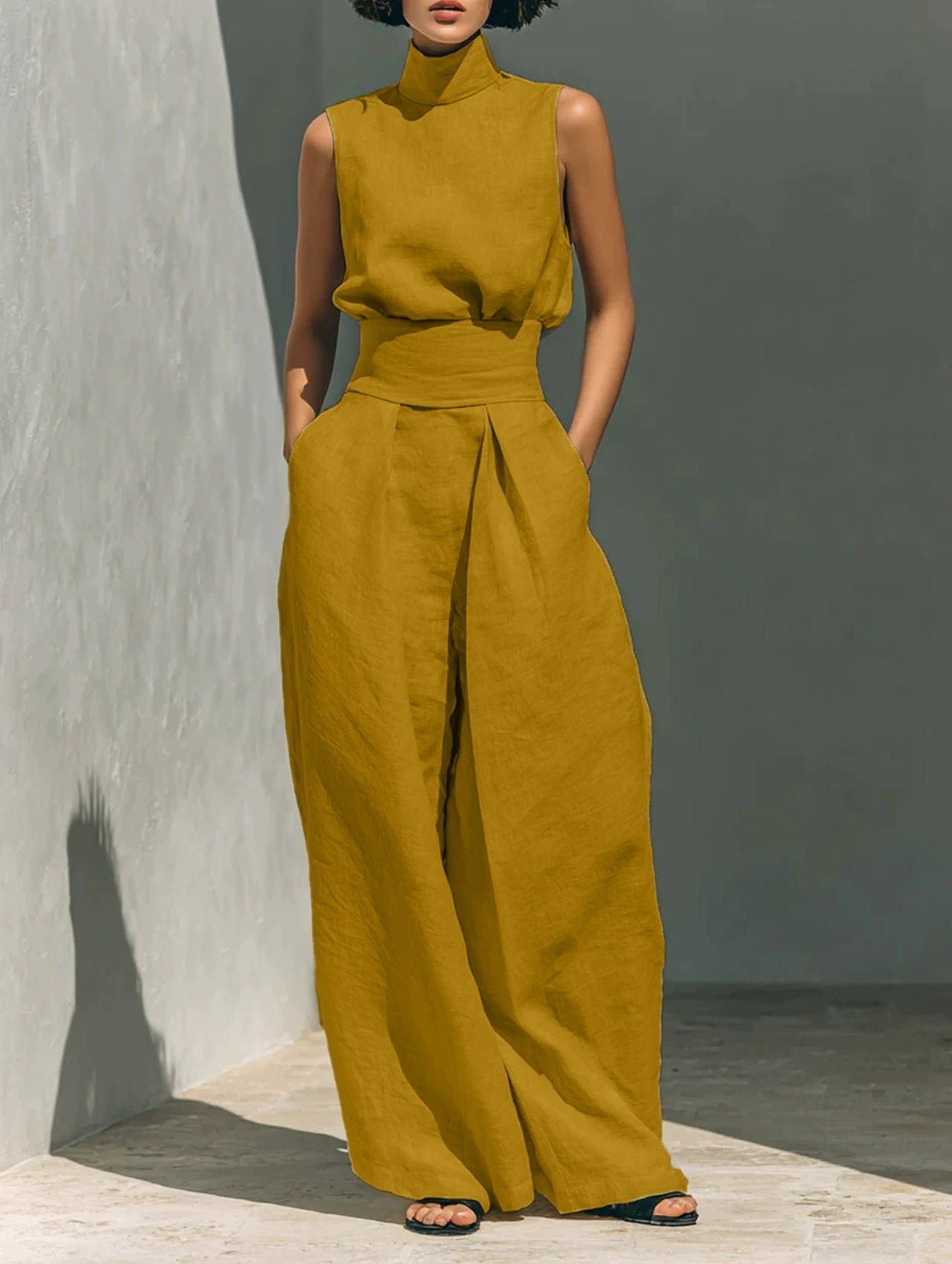 Casual Sleeveless Suit Summer Stand-up Collar Pullover Top And Loose Straight-leg Trousers Women&