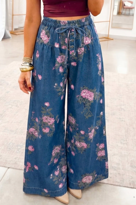 Blue Retro Floral Print Tie Elastic Waist Button Pintuck Wide Leg Jeans - Loving It Shop