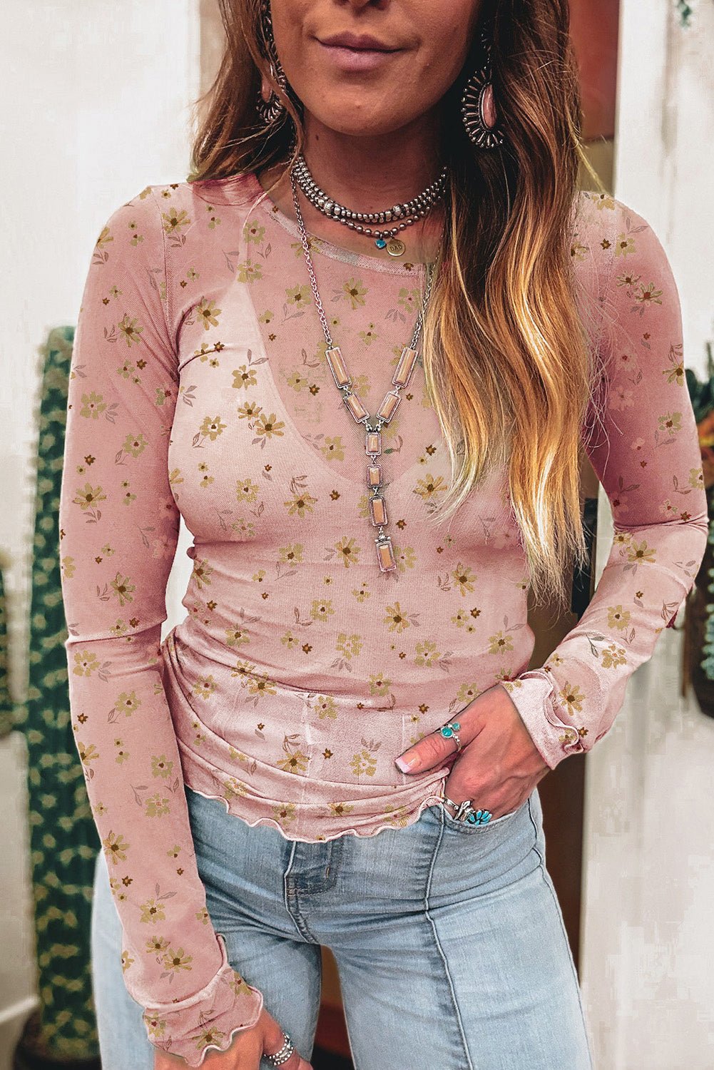 Pink Vintage Floral Print Southern Style Mesh Long Sleeve Top - Loving It Shop