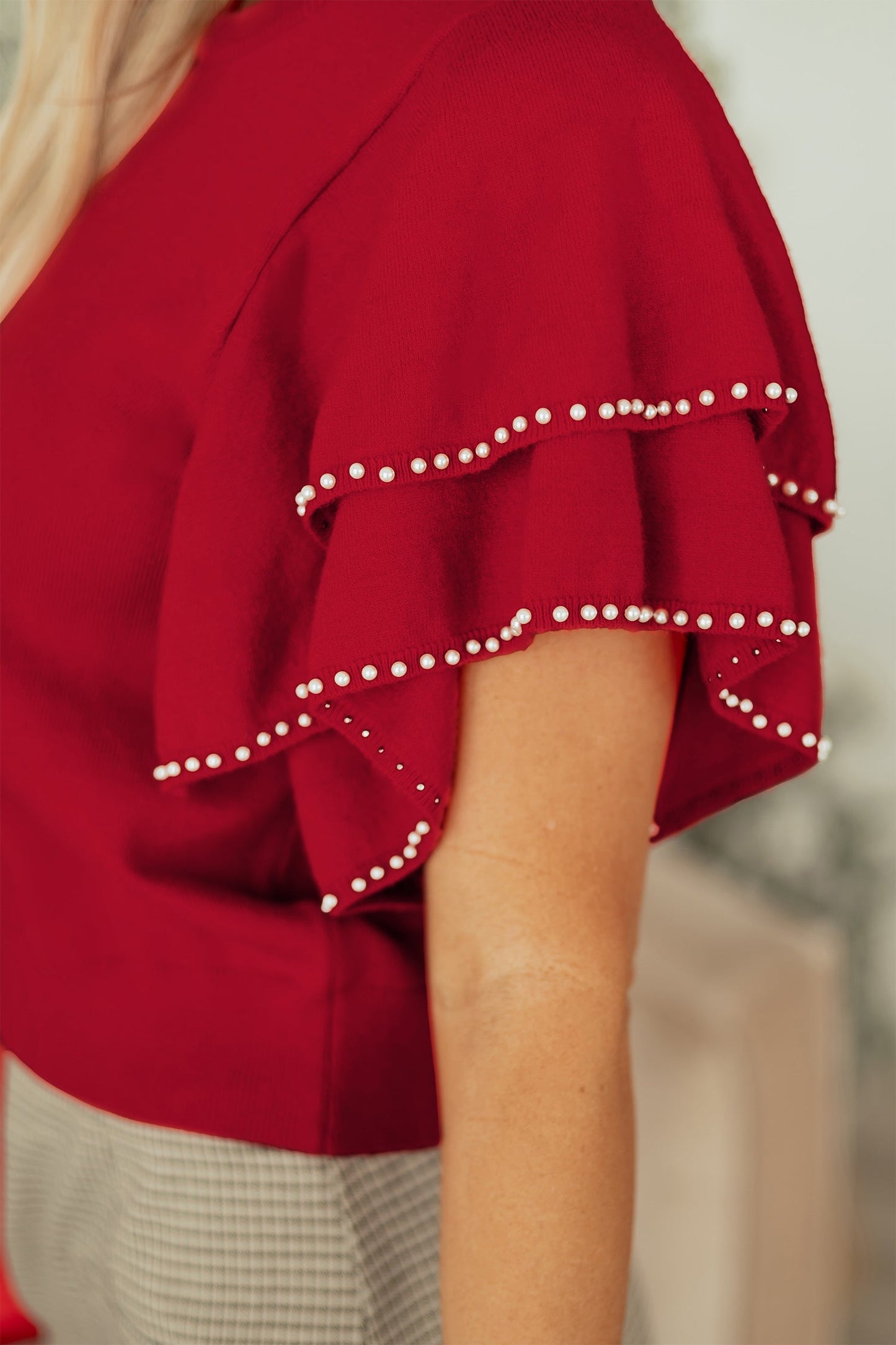 Racing Red Pearl Embellished Double Ruffle Short Sleeve Sweater