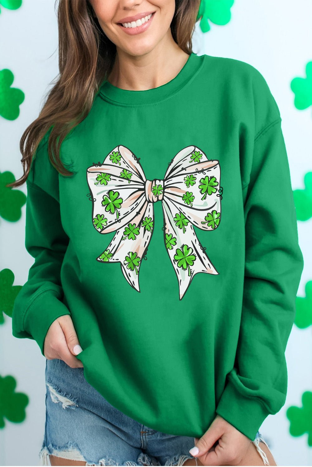 Dark Green St Patricks Clover Bow Printed Drop Shoulder Sweatshirt - Loving It Shop