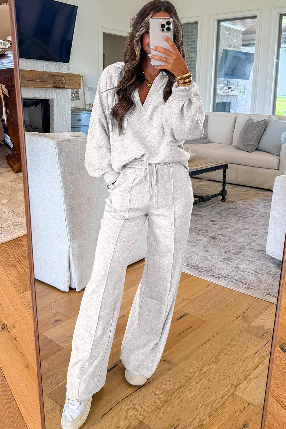Light Grey Polo Collar V Neck Pullover and Drawstring Sweatpants Set