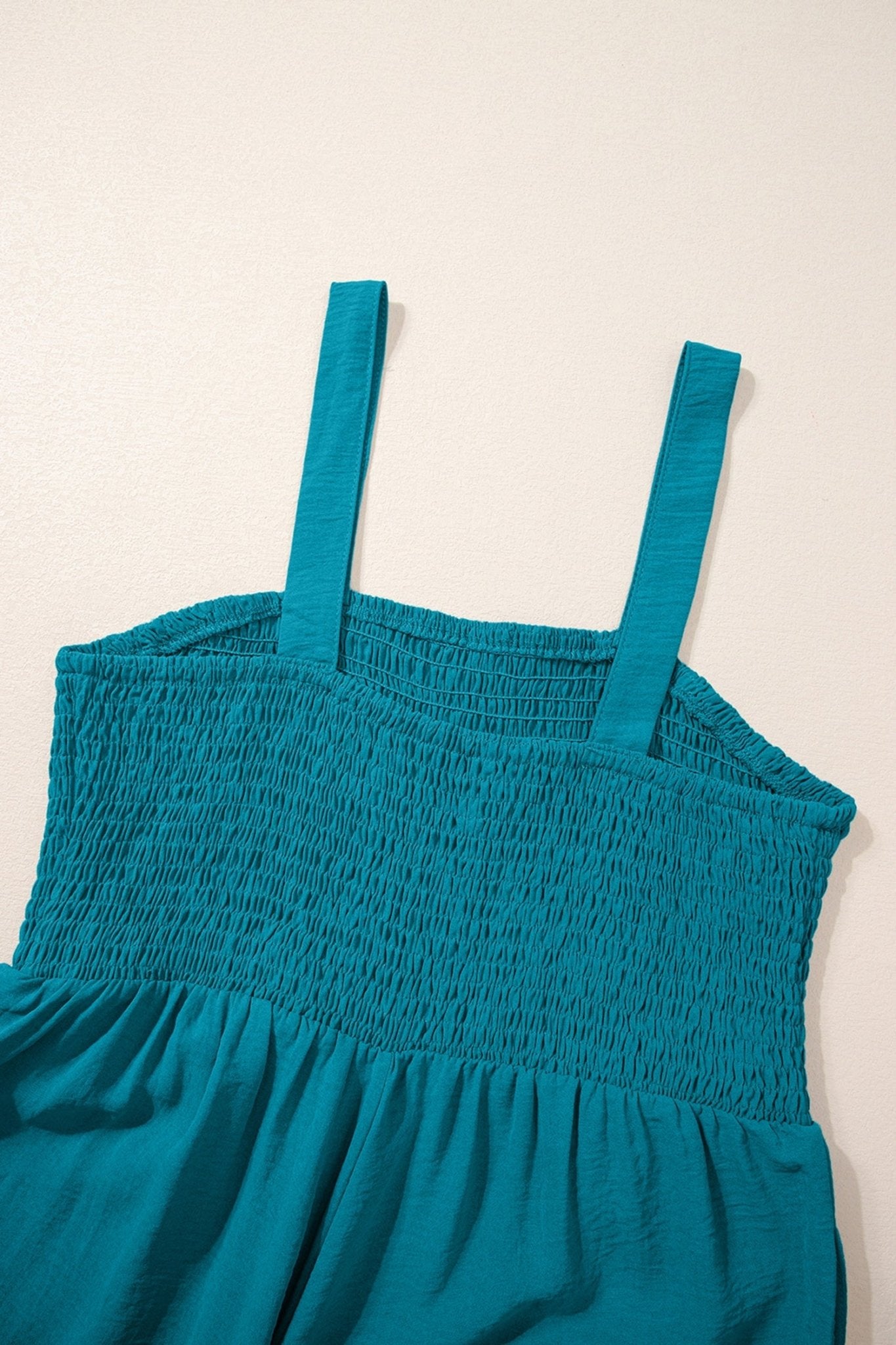 Peacock Blue Smocked Square Neck Sleeveless Jumpsuit with Pockets - Loving It Shop