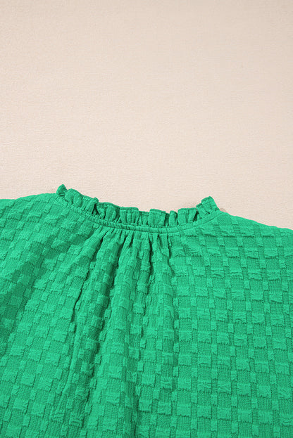 Bright Green Textured Puff Short Sleeve Notched V Neck Top