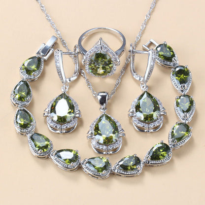 Gem-inlaid Pendant Earrings Necklace And Four-piece Ring Set Pack