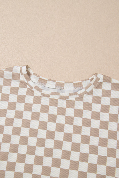 Brown Checkerboard T Shirt and High Waist Skorts 2 Piece Outfit