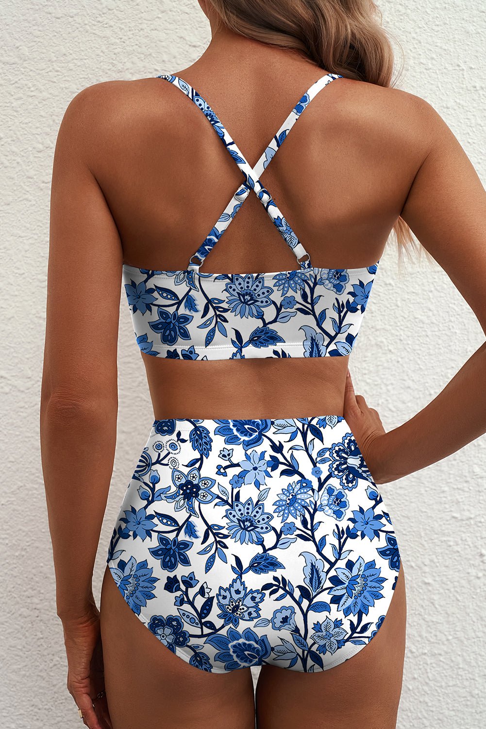 Blue Floral Print Hardware Accent Notched Neck High Waist Bikini Set - Loving It Shop