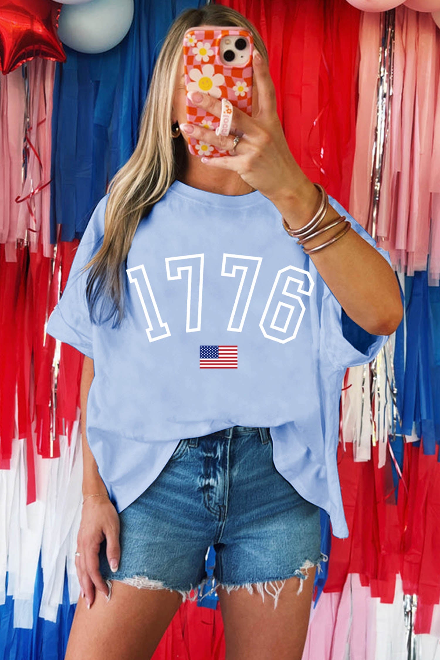 Myosotis 1776 American Flag Print Oversized Tee - Loving It Shop