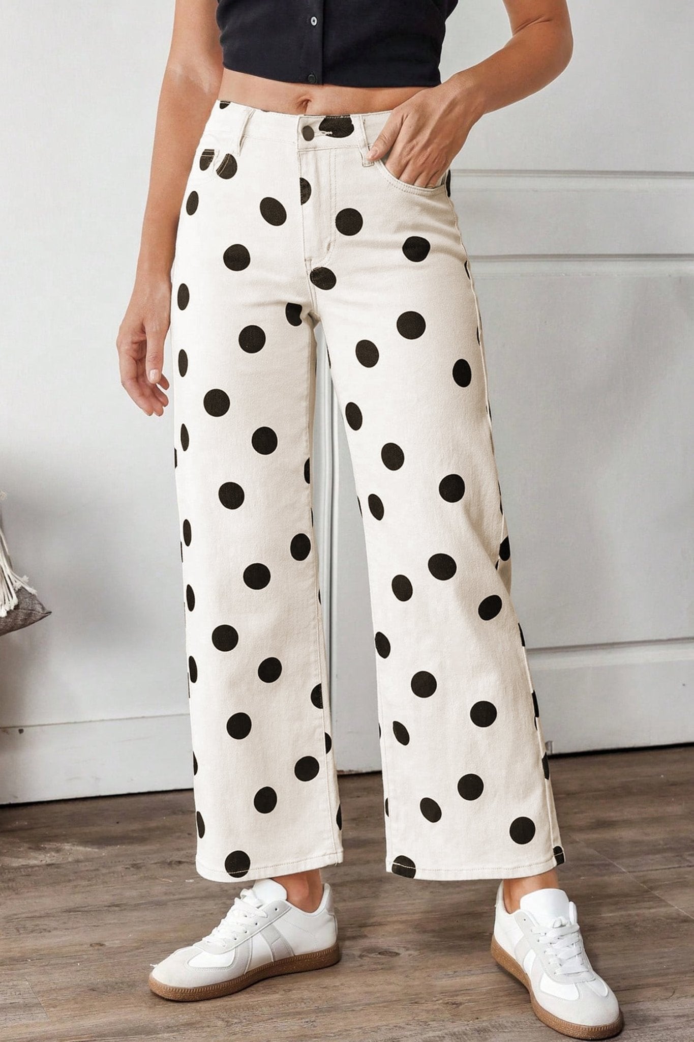 White Polka Dot Print Wide Leg Ankle - Length Jeans - Loving It Shop