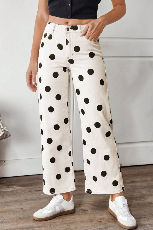 White Polka Dot Print Wide Leg Ankle - Length Jeans - Loving It Shop