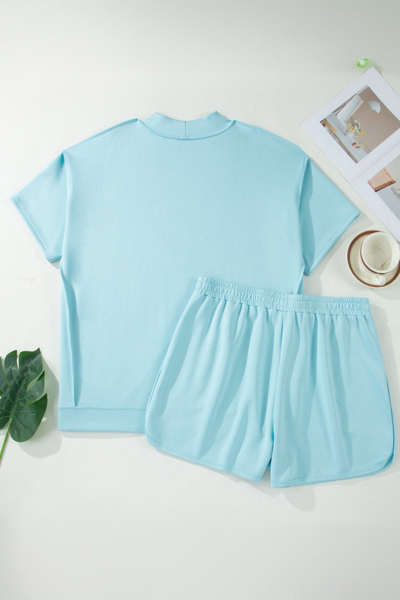 Mist Blue Solid Color Mock Neck Half Sleeve Top Plus Size 2pcs Short Set - Loving It Shop