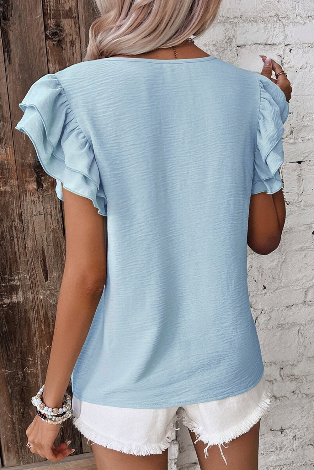 Mist Blue Solid Color Ruffle Sleeve Crinkled Blouse