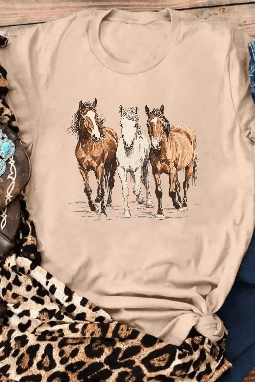 Khaki Gallant Horses Printed Casual T Shirt - Loving It Shop