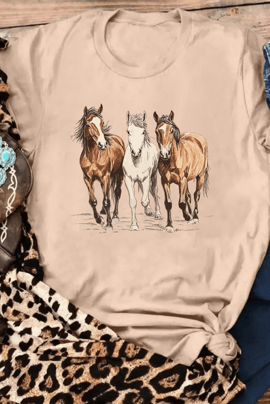 Khaki Gallant Horses Printed Casual T Shirt - Loving It Shop