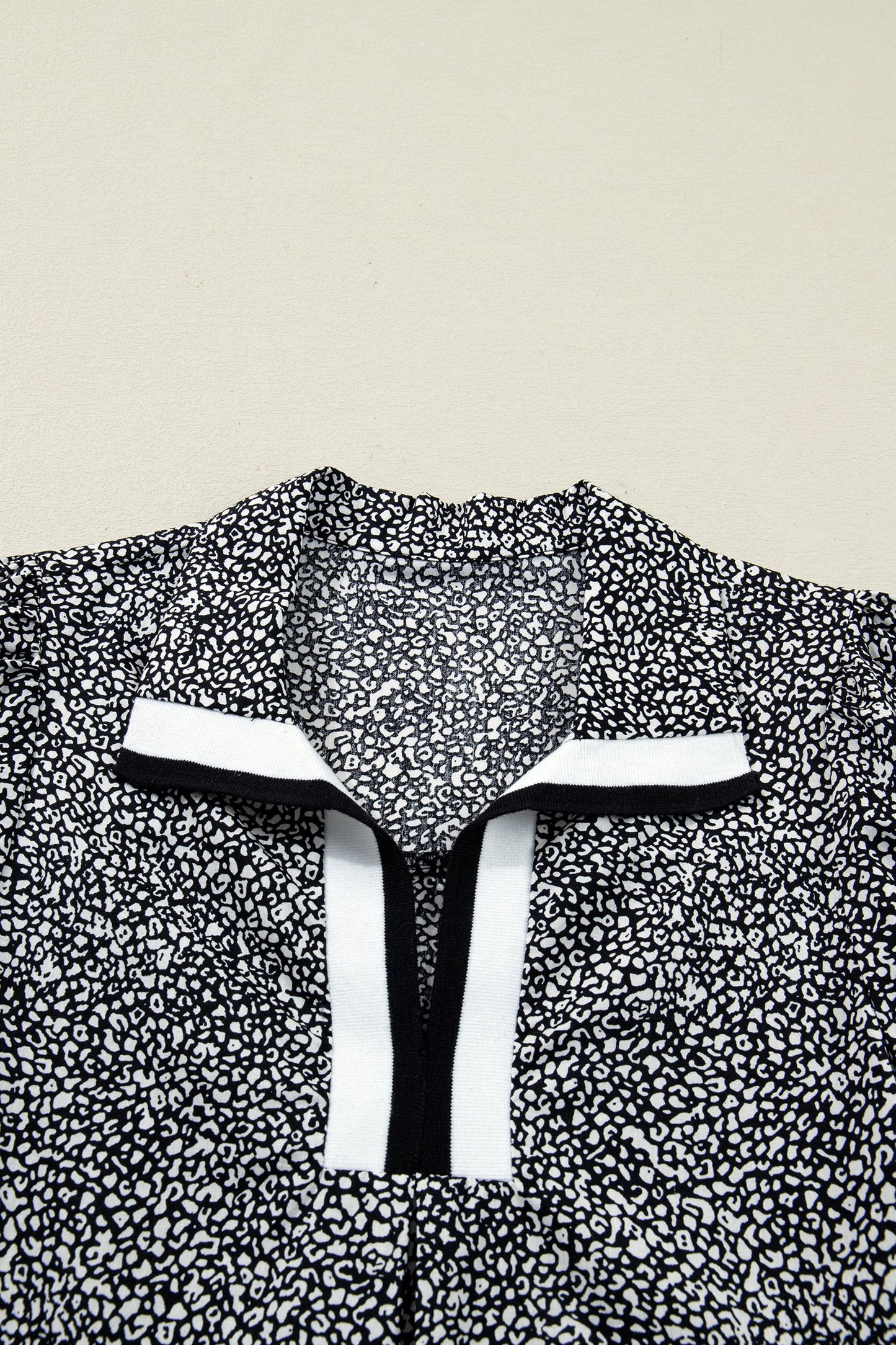 Black Leopard Print Contrast Striped Trim Polo Collar Short Sleeve Dress with Pockets