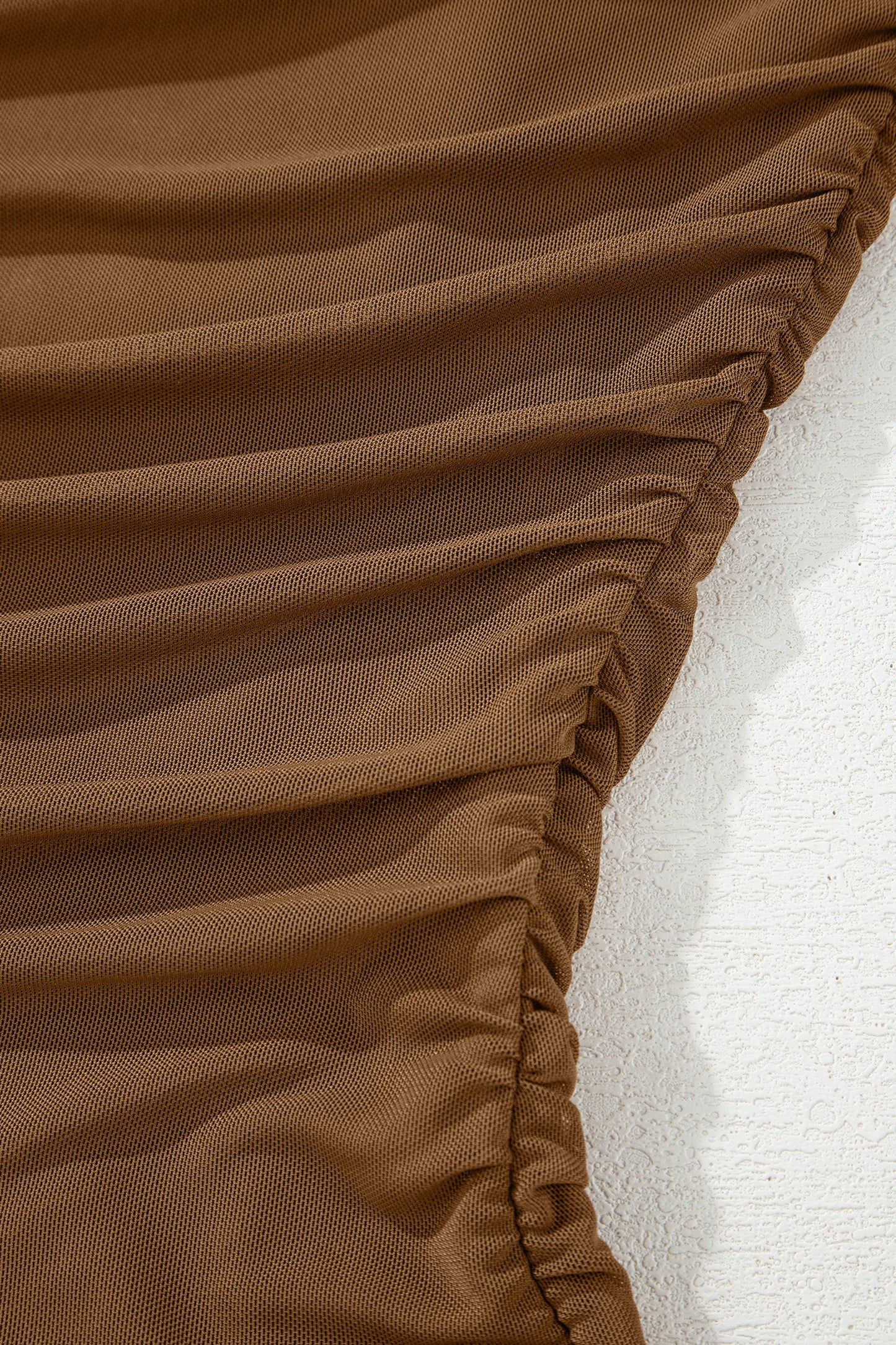 Coffee Sheer Mesh Patchwork High Neck Long Sleeve Top