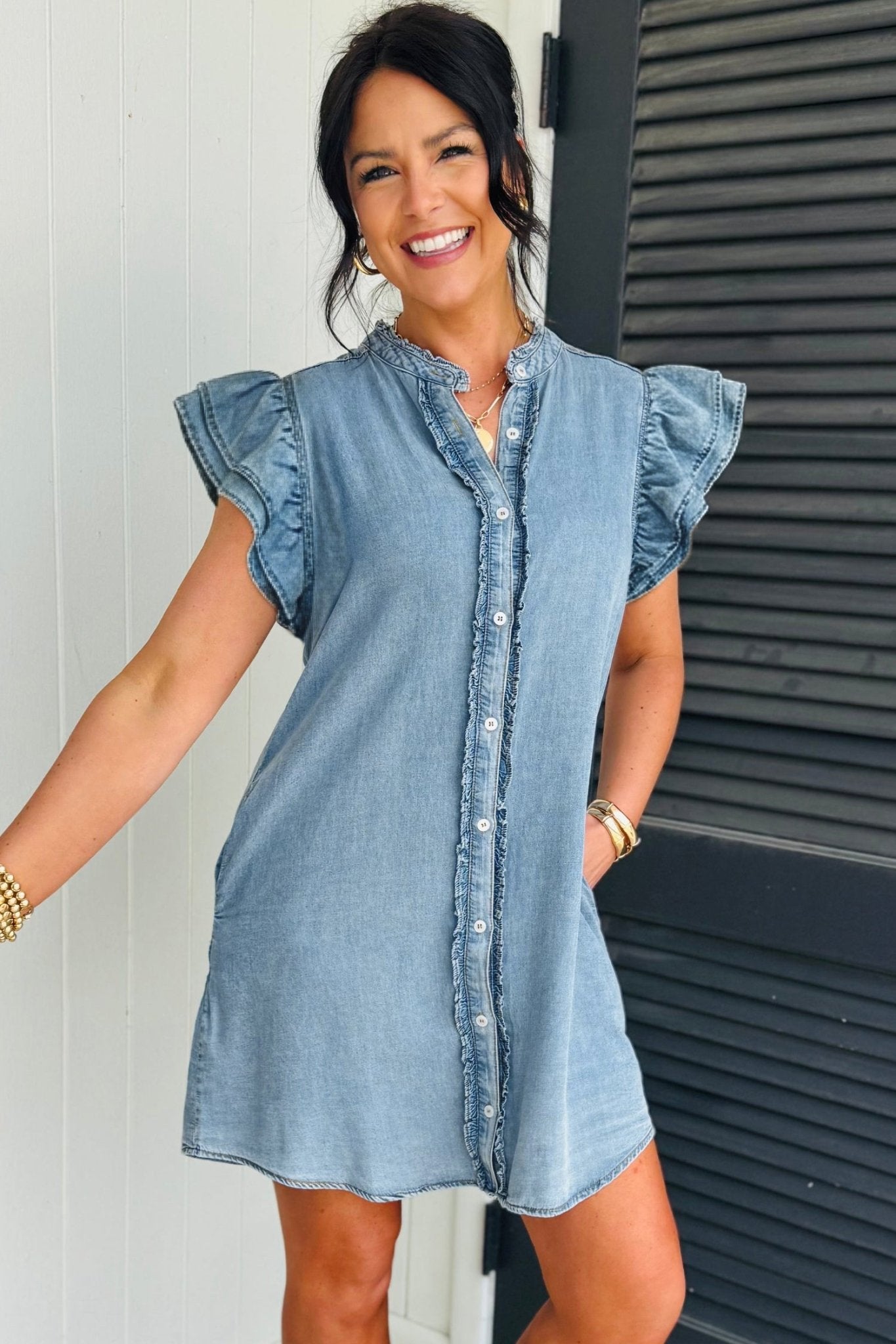 Myosotis Frilled Detail Button Down Ruffle Short Sleeve Denim Mini Dress - Loving It Shop