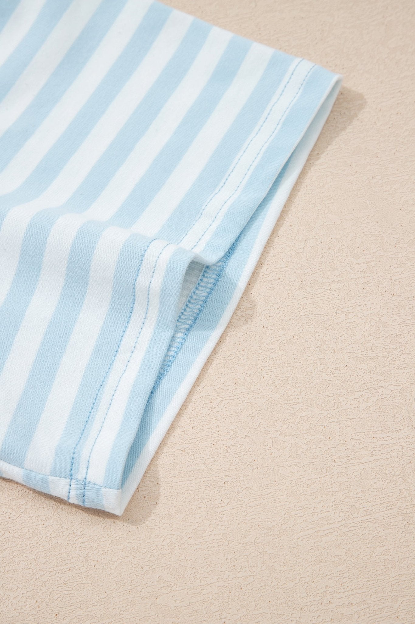 Sky Blue Stripe Contrast Neck Loose Tee and Drawstring Shorts Set - Loving It Shop