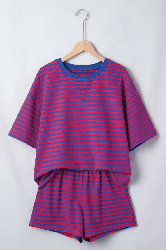 Navy Stripe Striped Ribbed Cotton Two - Piece Short Set with Chest Patch Detail - Loving It Shop