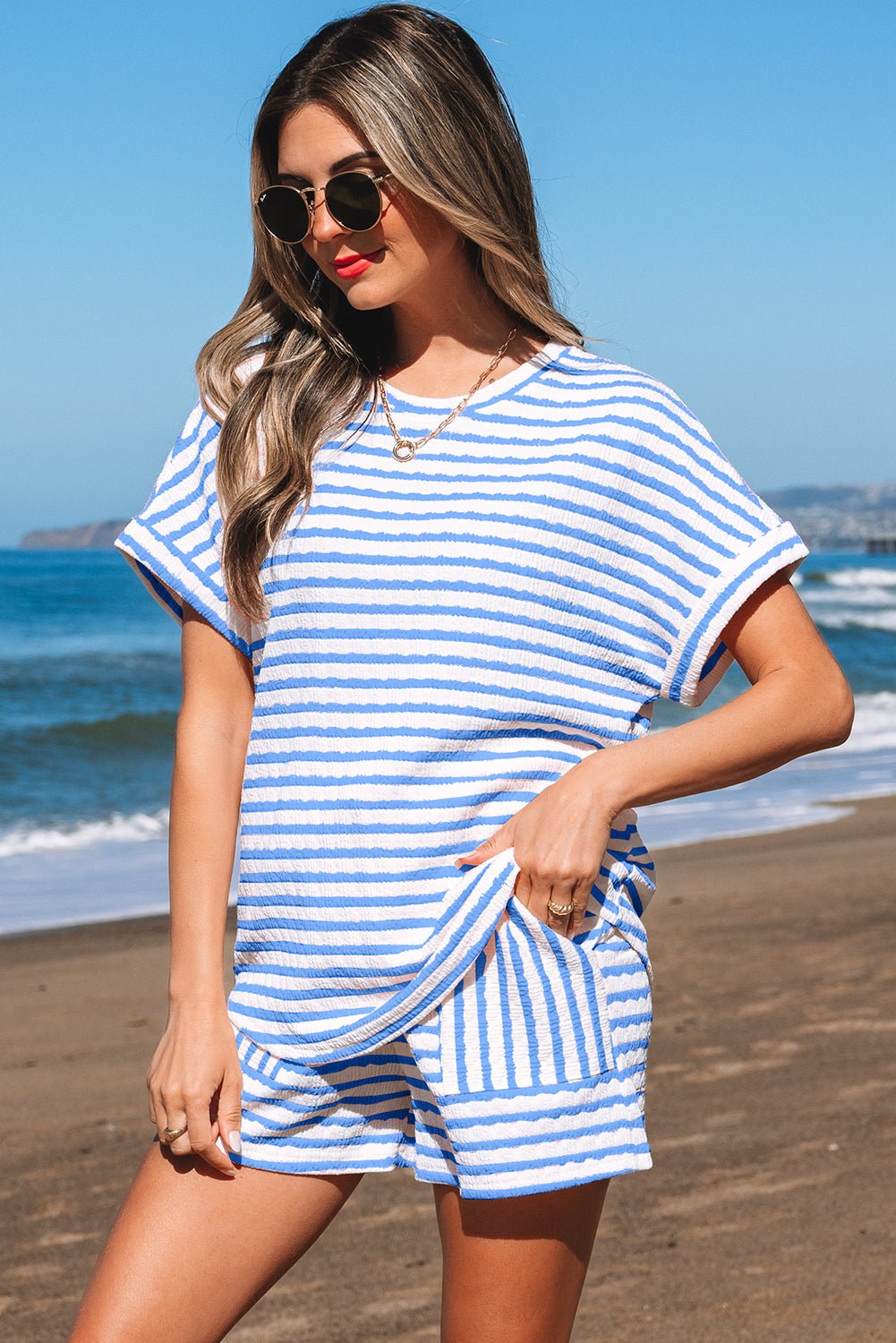 Sky Blue Stripe Knitted Short Sleeve Top and Drawstring Shorts Set - Loving It Shop