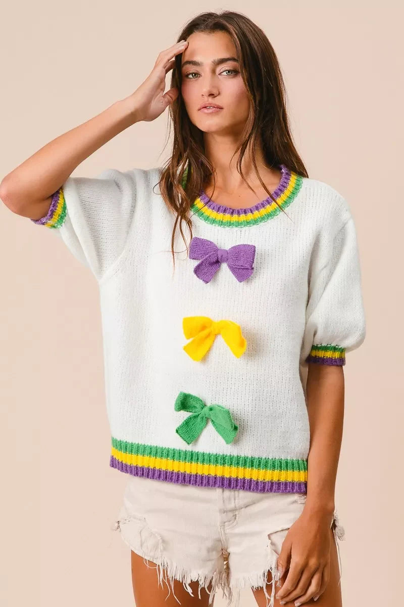 Short Puff Sleeve Ribbon Bow Mardi Gras Sweater