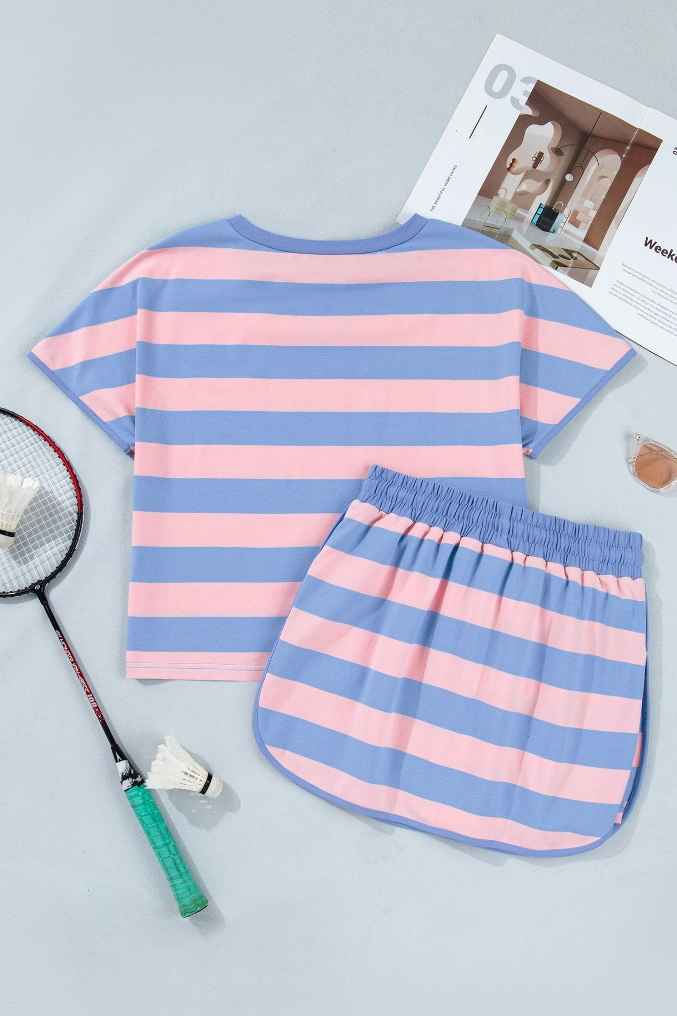 Pink Stripe Dolman Tee Drawstring Skort Athletic 2pcs Set - Loving It Shop