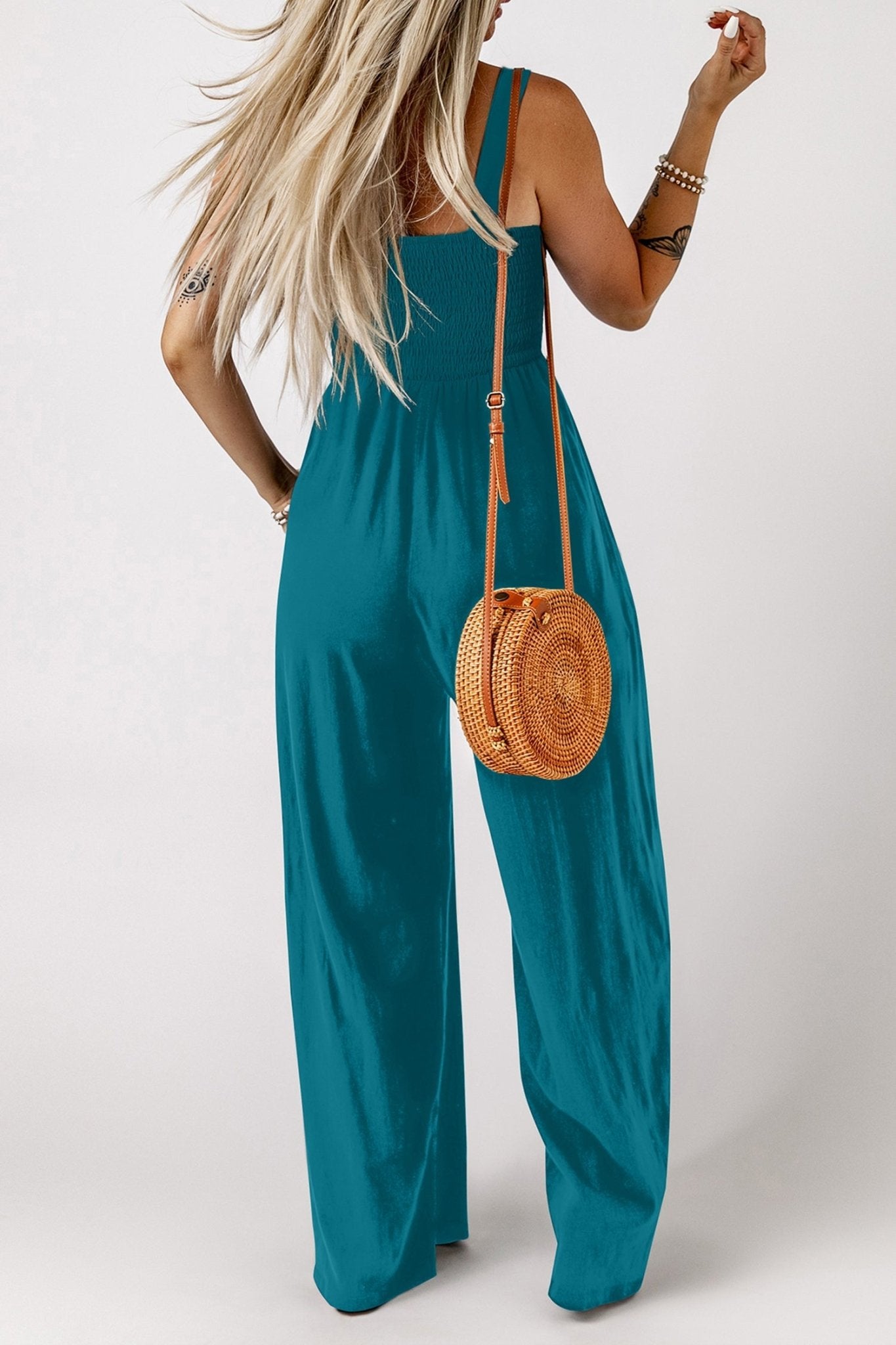 Peacock Blue Smocked Square Neck Sleeveless Jumpsuit with Pockets - Loving It Shop