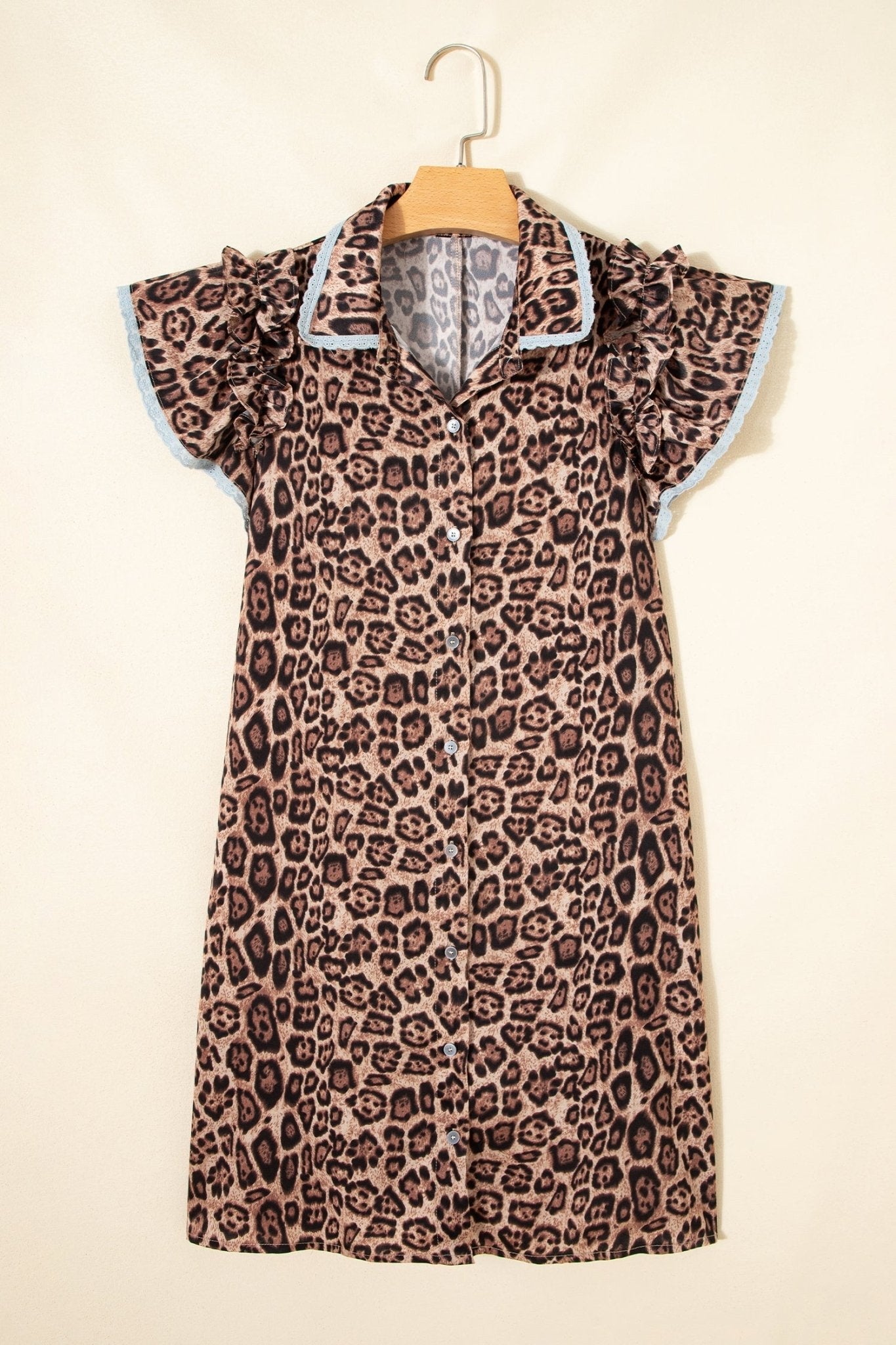 Khaki Leopard Print Lace Trim Shirt Collar Button Down Loose Mini Dress - Loving It Shop