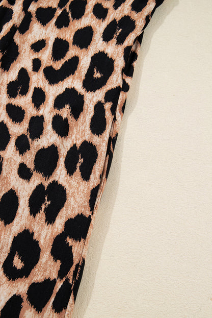 Brown Leopard Print Smocked Detail Flowy Midi Dress
