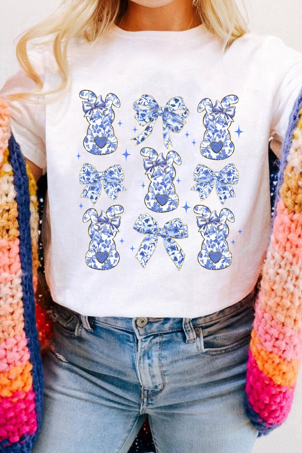 White Bowknot Bunny Graphic Easter Fashion T Shirt - Loving It Shop