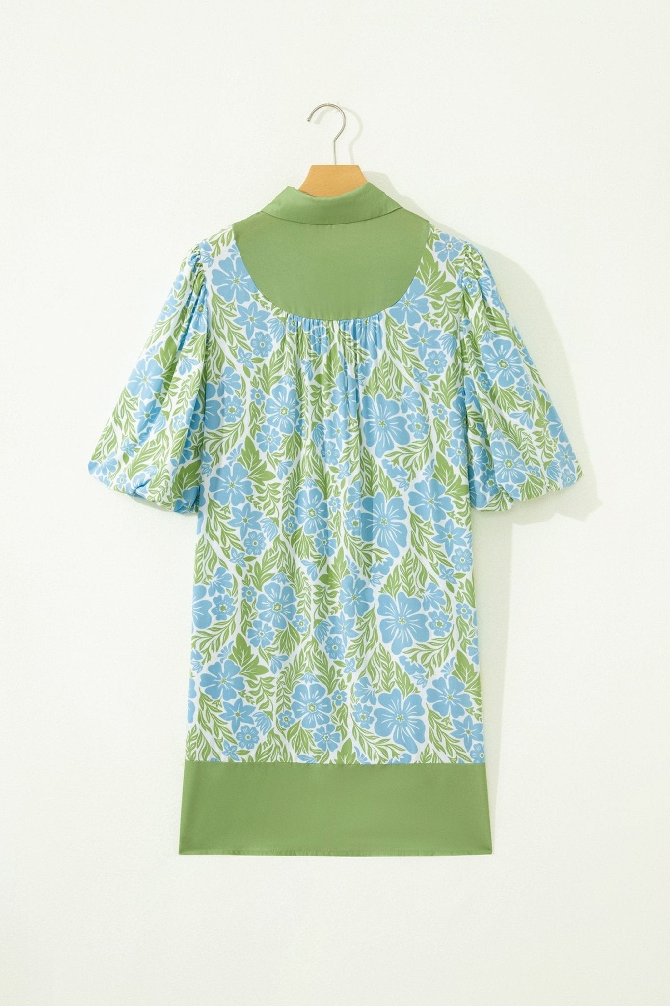 Sky Blue Floral Print Color Block Patchwork Shirt Collar Half Sleeve Mini Dress - Loving It Shop