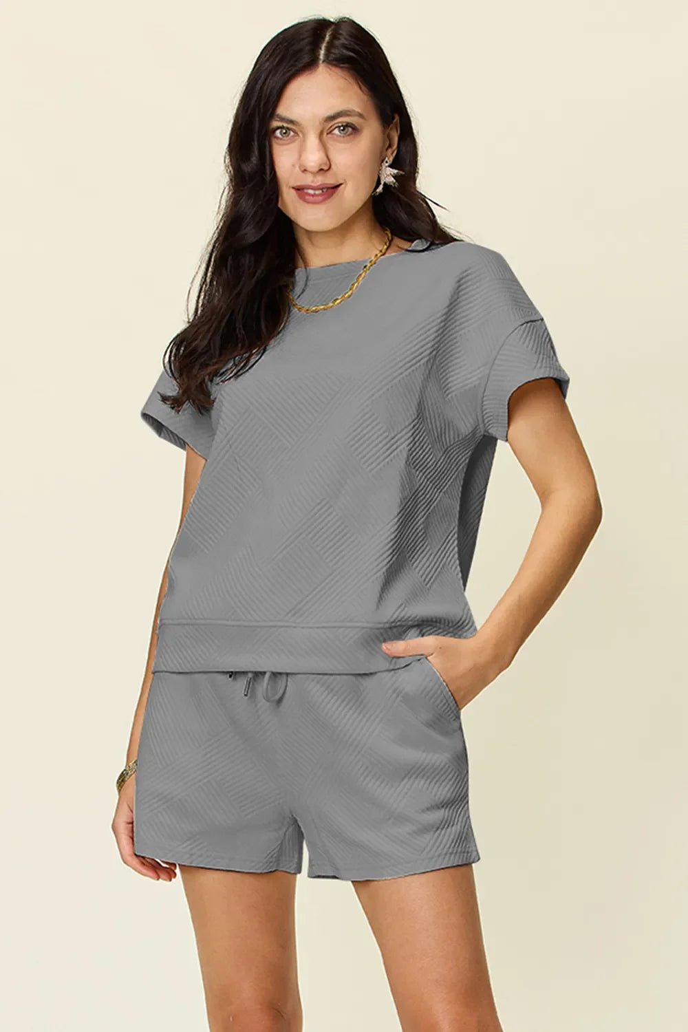 I am a Fashion Junky Full Size Texture Short Sleeve T-Shirt and Drawstring Shorts Set
