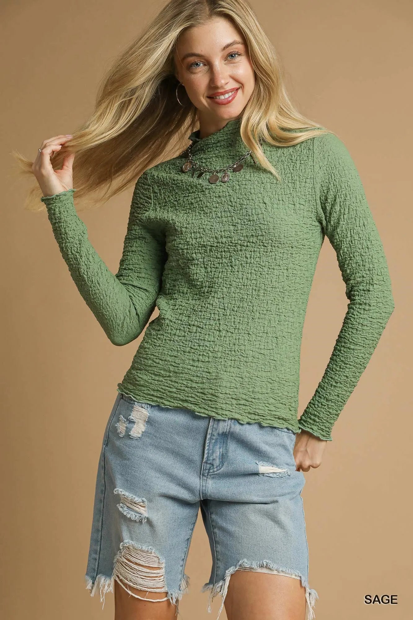 Textured Crinkle Knit Long Sleeve Top
