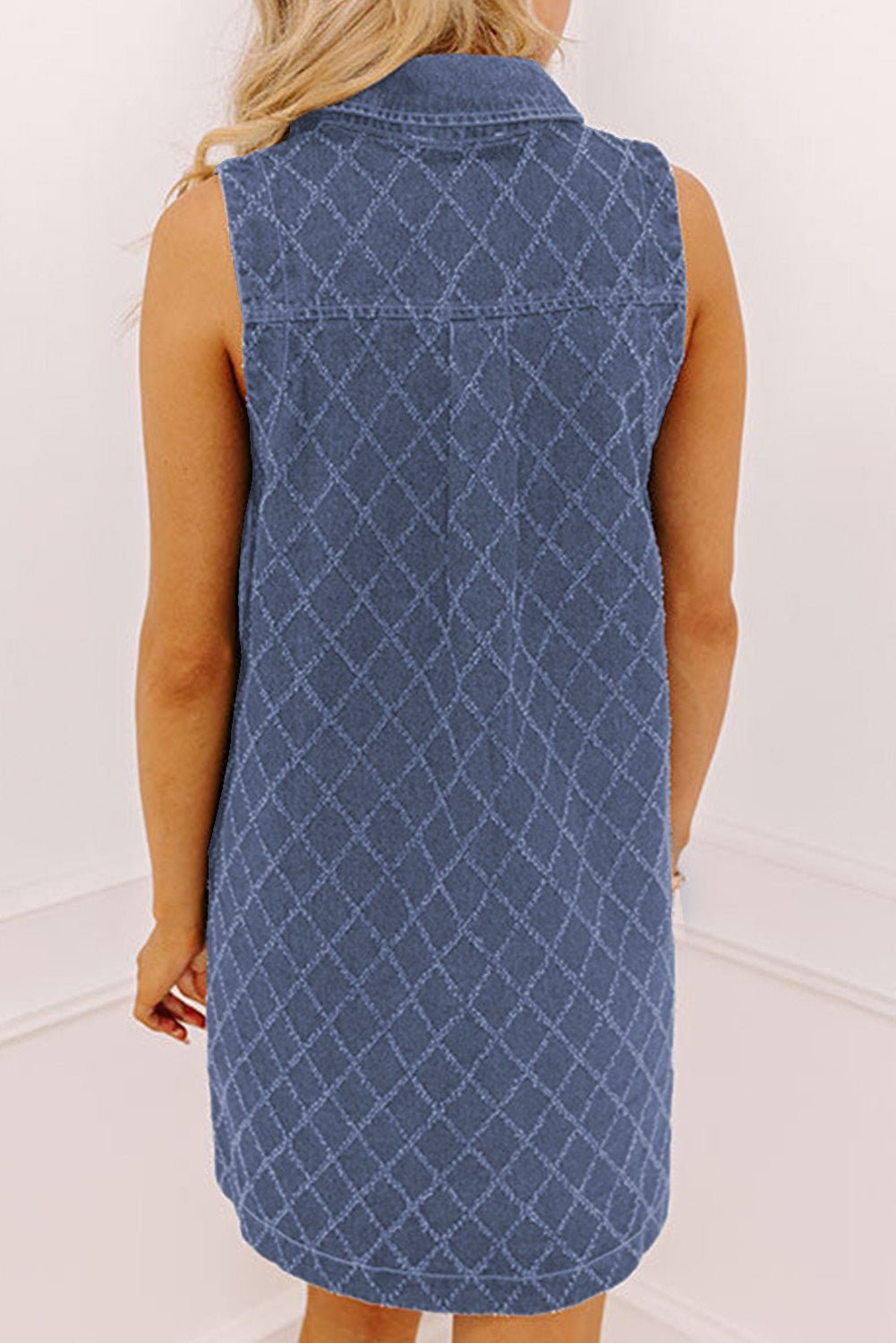 Sail Blue Rhombus Textured Collar Buttoned V Neck Denim Sleeveless Mini Dress - Loving It Shop