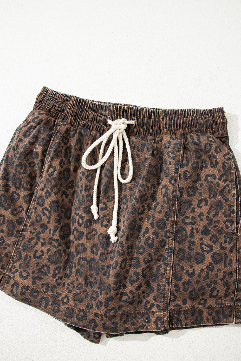 Brown Leopard Print Elastic Waistband Drawstring Denim Skort - Loving It Shop